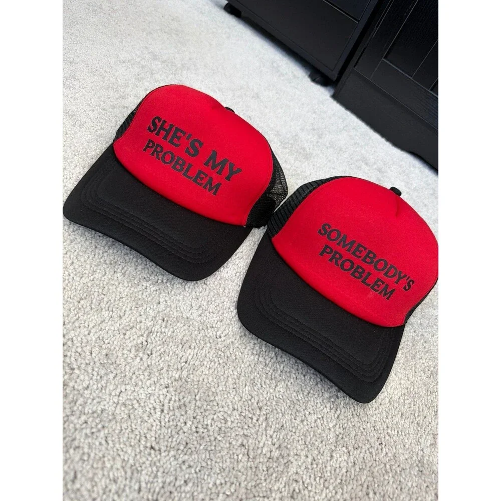 NEW Black & Red Somebody’s Problem Trucker Hat Baseball SnapBack Cap Set